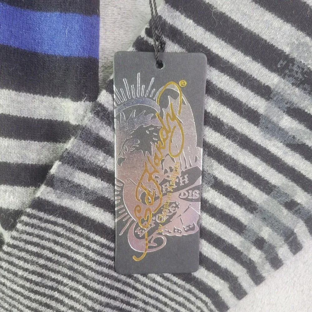 Ed Hardy Christian Audigier Mens XL V-Neck Striped Wool Blend Sweater Grey Blue